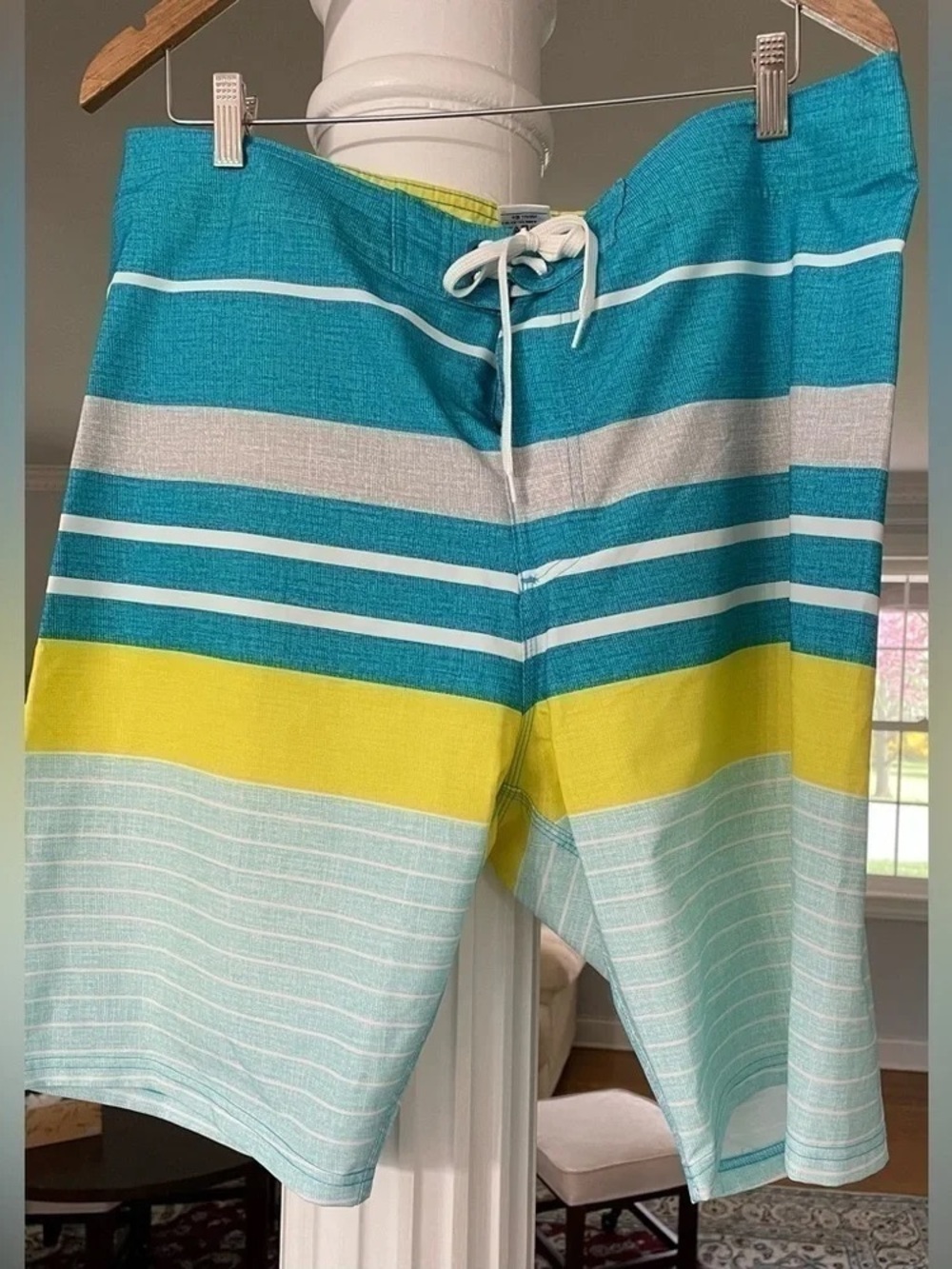 Men's Turquoise & Yellow Stripe Swim Trunks